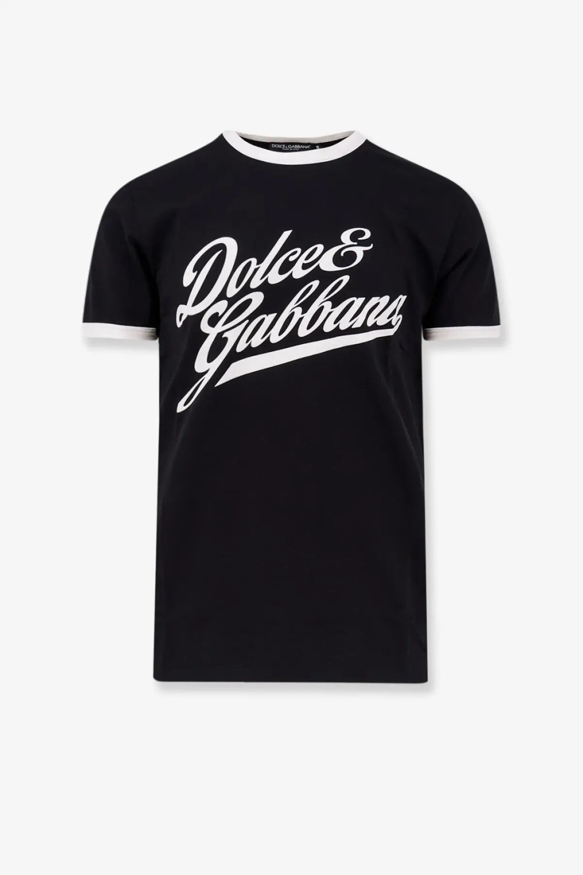 Dolce &amp; Gabbana men’s black cotton ringer t-shirt with white lettering and trim features a classic fit