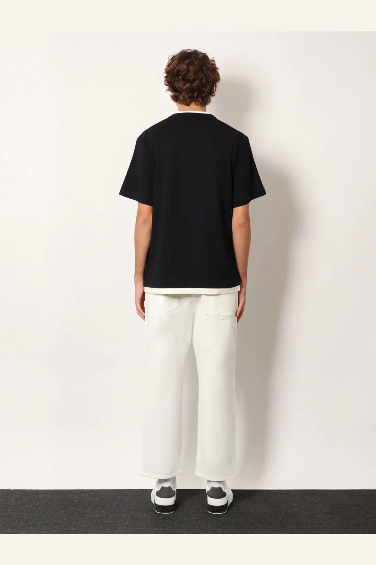 Dolce &amp; Gabbana men’s black cotton t-shirt with short sleeves and white ribbed crew neckline