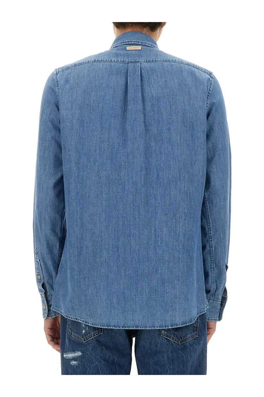 Blue denim dolce &amp; gabbana men’s cotton shirt with buttoned collar and pleated back shown from the back side