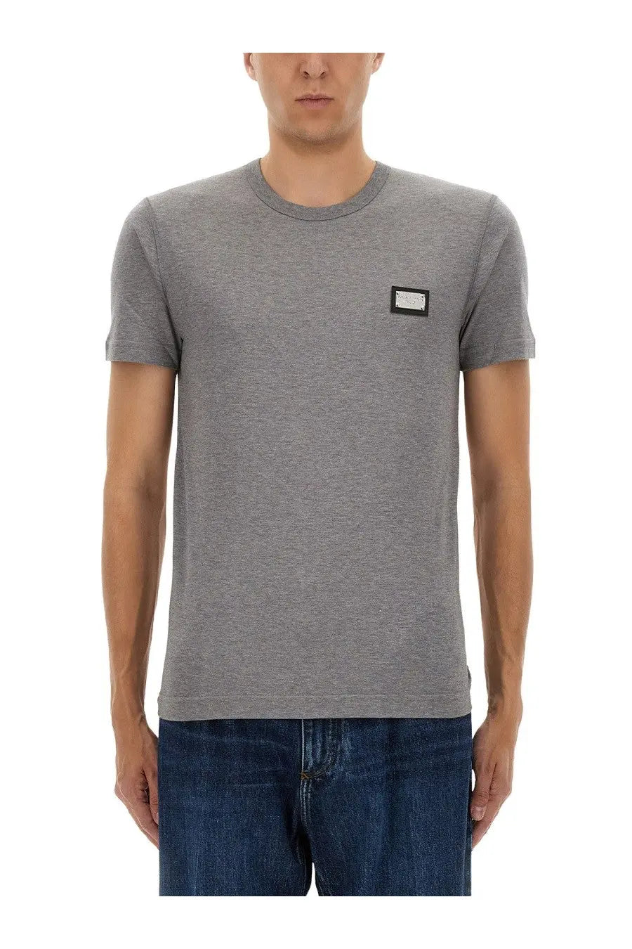 Dolce &amp; Gabbana men’s gray heathered cotton t-shirt with black rectangular patch and white text on left chest