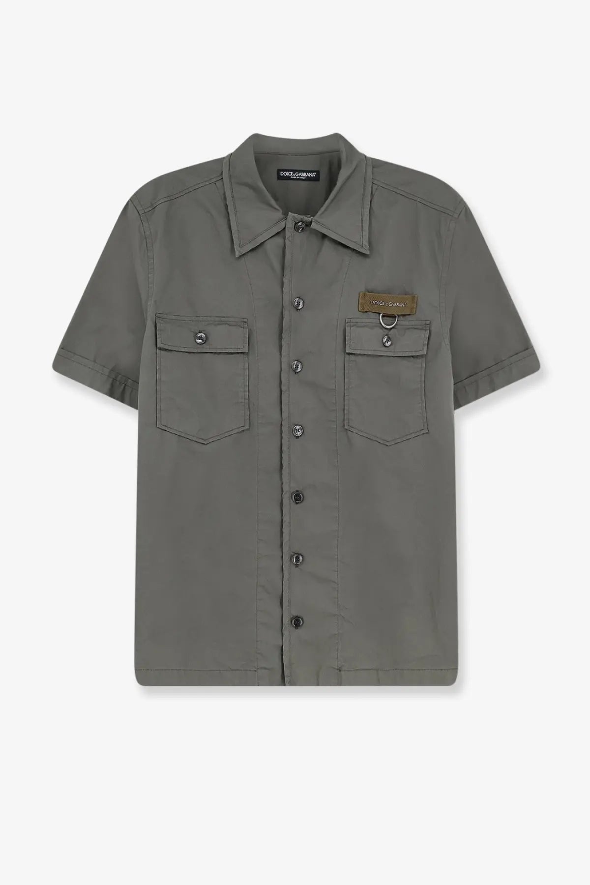 Dolce &amp; Gabbana men’s cotton short-sleeved olive green button-up shirt with chest pockets and leather patch
