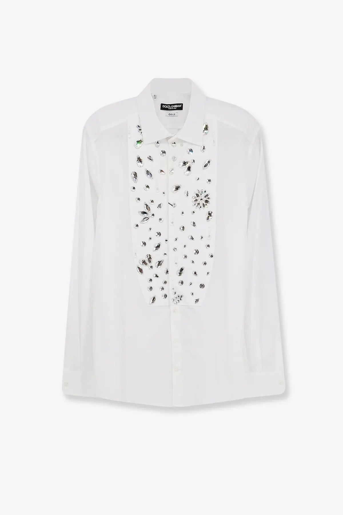 Dolce &amp; Gabbana men’s white cotton shirt with black and silver embellished front panel button down design