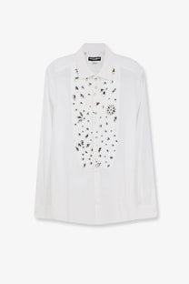 Dolce &amp; Gabbana men’s white cotton shirt with black and silver embellished front panel button down design