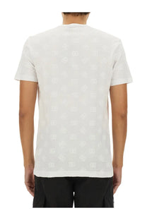 White Dolce &amp; Gabbana men’s cotton short-sleeved shirt showing the back with a subtle repeating logo pattern