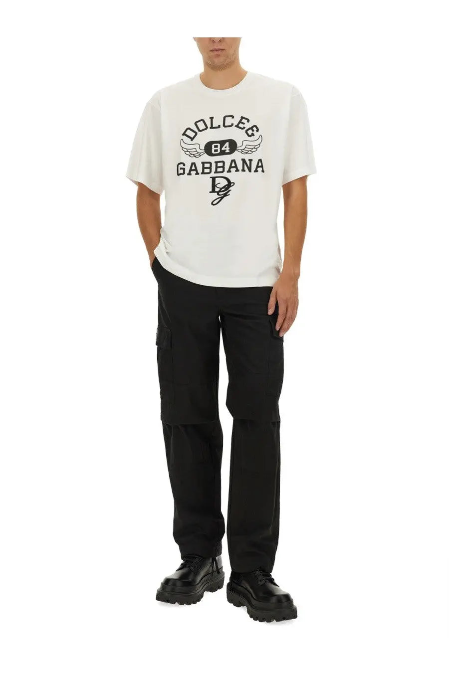 Dolce &amp; Gabbana men’s white cotton t-shirt with black graphic wings print 84 and brand logo on the front