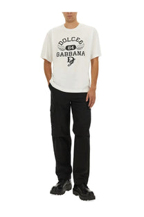 Dolce &amp; Gabbana men’s white cotton t-shirt with black graphic wings print 84 and brand logo on the front