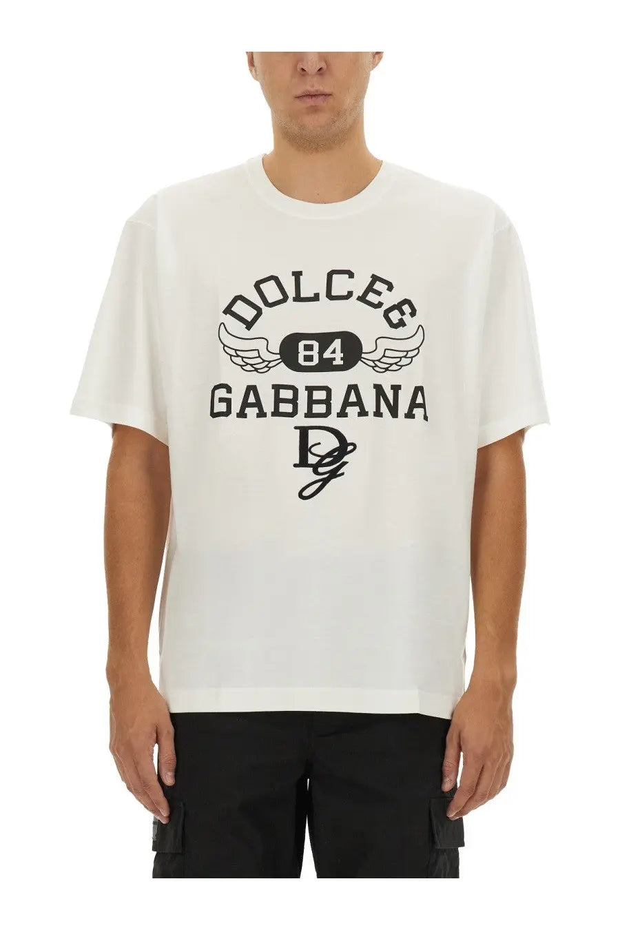 Dolce &amp; Gabbana men’s white cotton t-shirt with black 84 wings graphic and signature logo on the front