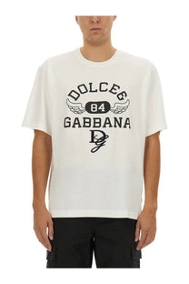 Dolce &amp; Gabbana men’s white cotton t-shirt with black 84 wings graphic and signature logo on the front