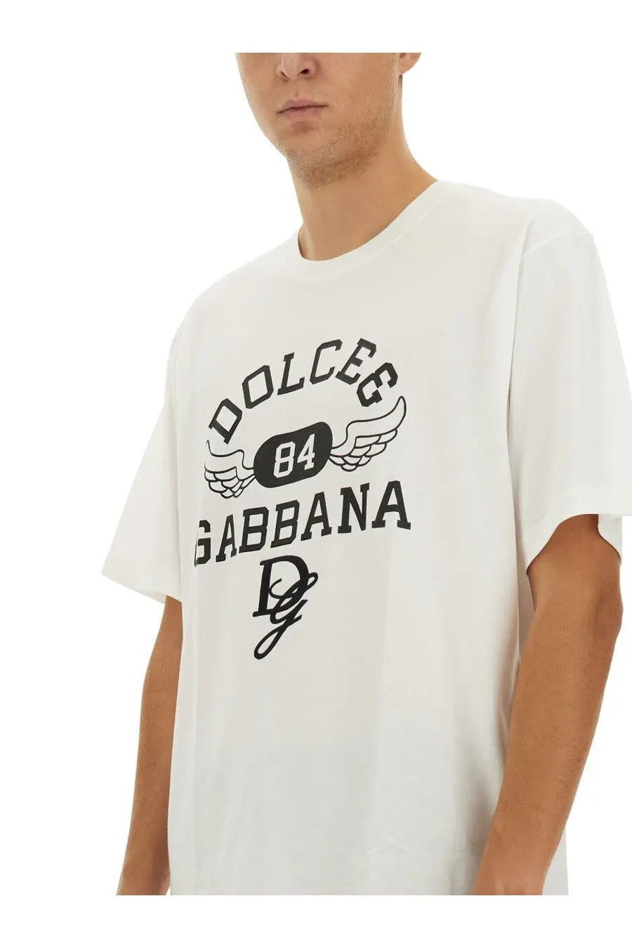 Dolce &amp; Gabbana men’s white cotton t-shirt with black 84 graphic wings print and signature logo on front