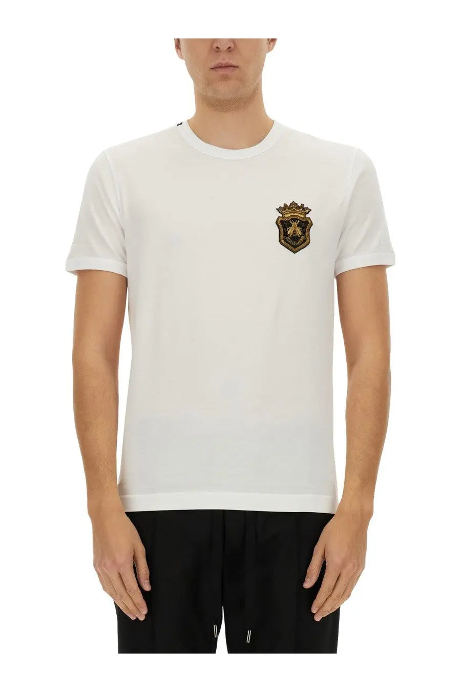 Dolce &amp; Gabbana men’s white cotton t-shirt with gold and black embroidered crest on the left chest