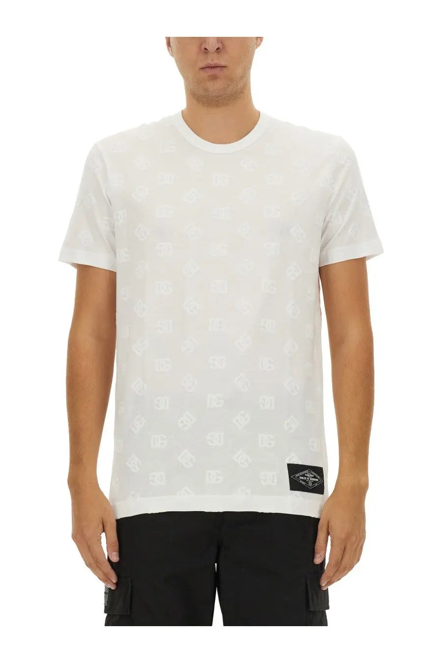 Dolce &amp; Gabbana men’s white cotton shirt with subtle all-over logo pattern and black diamond label at bottom hem