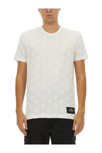 Dolce &amp; Gabbana men’s white cotton shirt with subtle all-over logo pattern and black diamond label at bottom hem