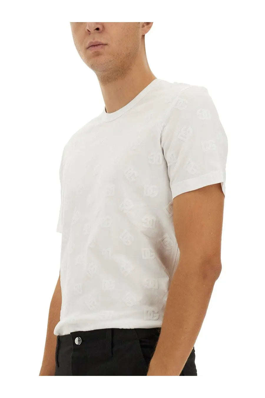 Dolce &amp; Gabbana men’s white cotton t-shirt with subtle repeating logo pattern across the fabric