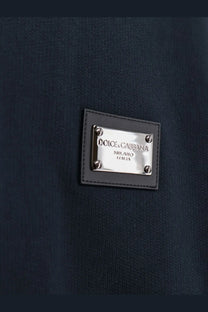 Dolce and gabbana men’s grey cotton sweatshirt with dark navy blue branded patch and silver metal plaque on black leather border