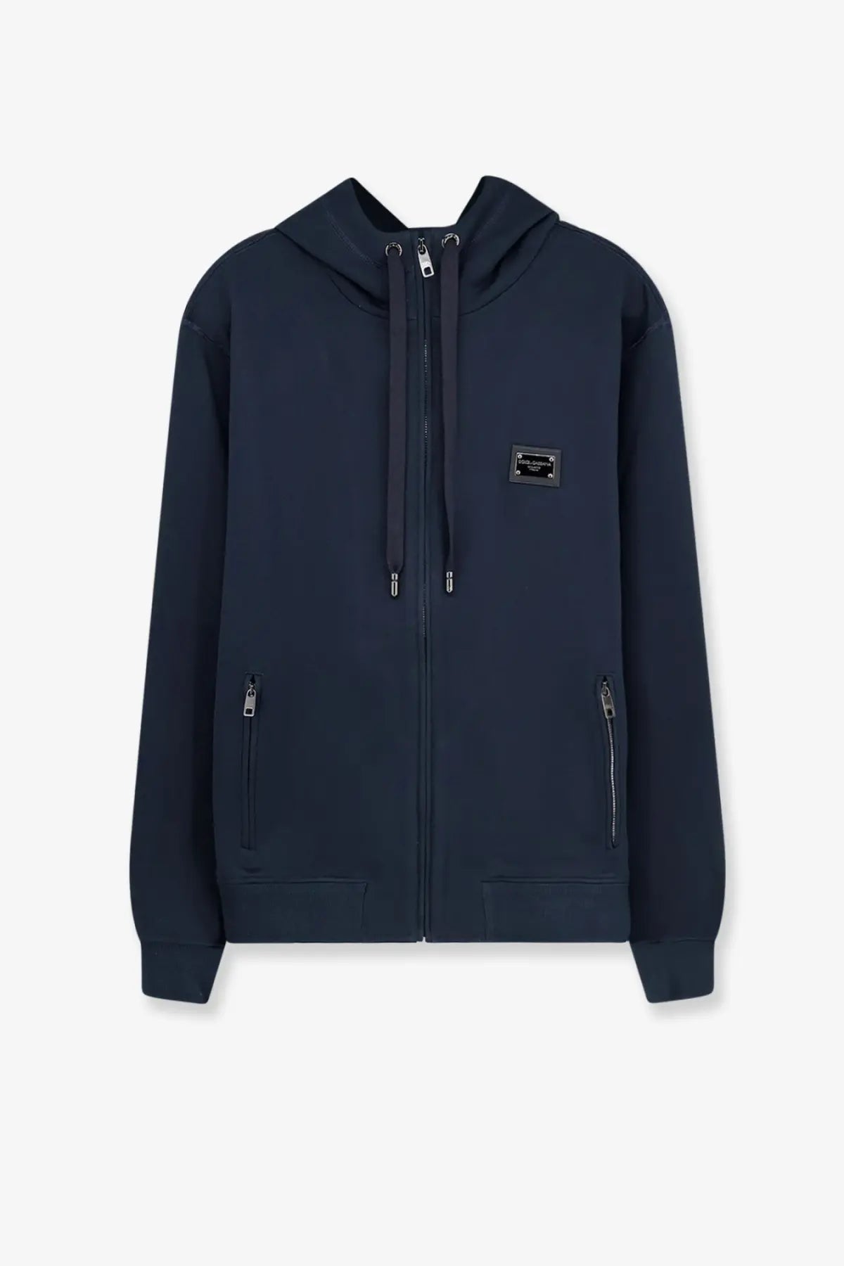 Dolce &amp; Gabbana men’s dark navy blue cotton zip-up hoodie with textured fabric, front zipper, zip pockets, and metallic plaque