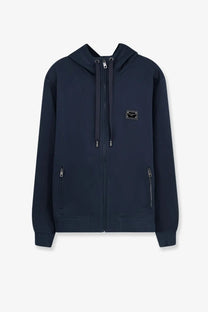 Dolce &amp; Gabbana men’s dark navy blue cotton zip-up hoodie with textured fabric, front zipper, zip pockets, and metallic plaque