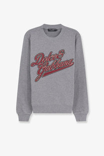 Dolce &amp; Gabbana men’s gray cotton sweatshirt with bold red and black scripted logo across the chest