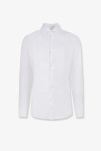 Dolce &amp; Gabbana men’s white cotton tuxedo shirt with classic collar and subtle black buttons