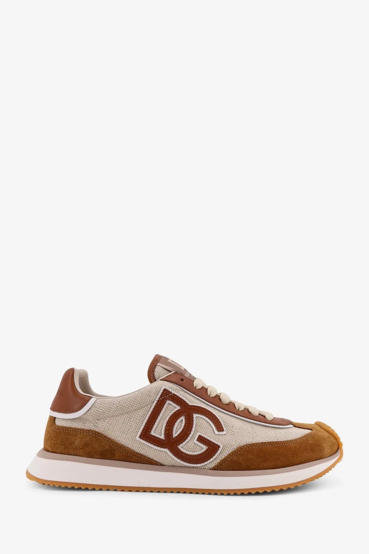 Dolce &amp; Gabbana men’s tan and beige suede mesh sneaker with brown DG logo cushion canvas white model