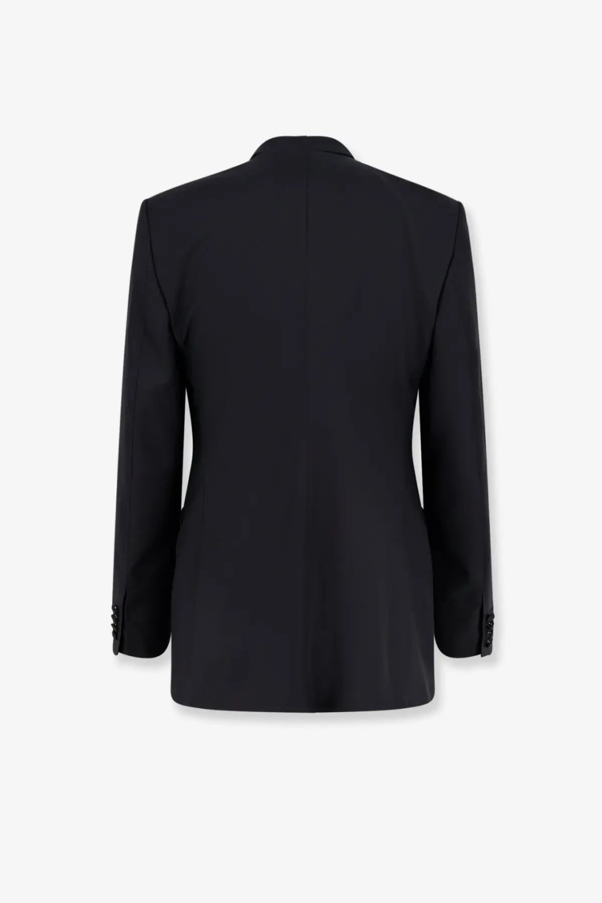 Black tailored Dolce &amp; Gabbana men’s double breasted virgin wool blazer with structured back and notched lapel viewed from back