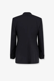Black tailored Dolce &amp; Gabbana men’s double breasted virgin wool blazer with structured back and notched lapel viewed from back