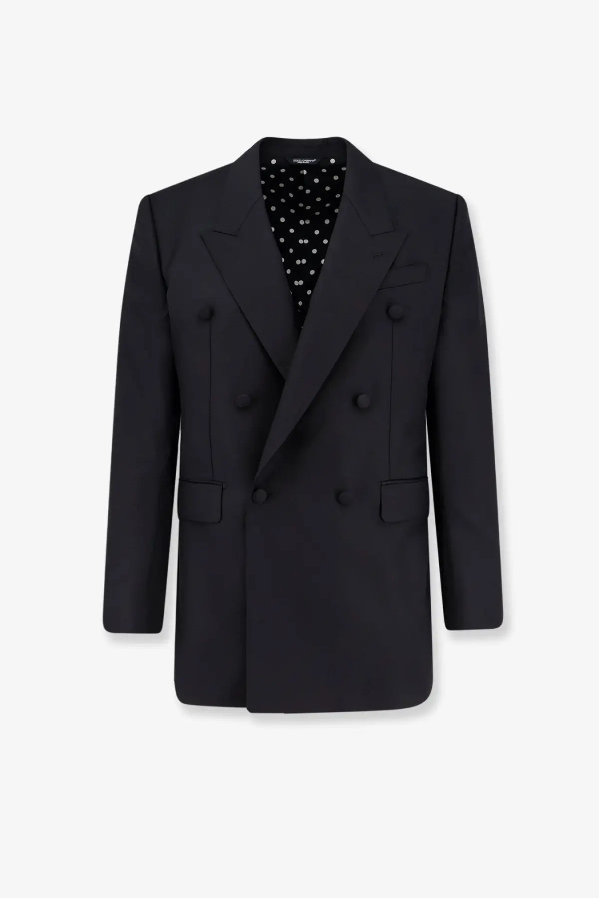 Dolce &amp; Gabbana men’s double breasted black virgin wool blazer with subtle sheen six buttons and two flap pockets