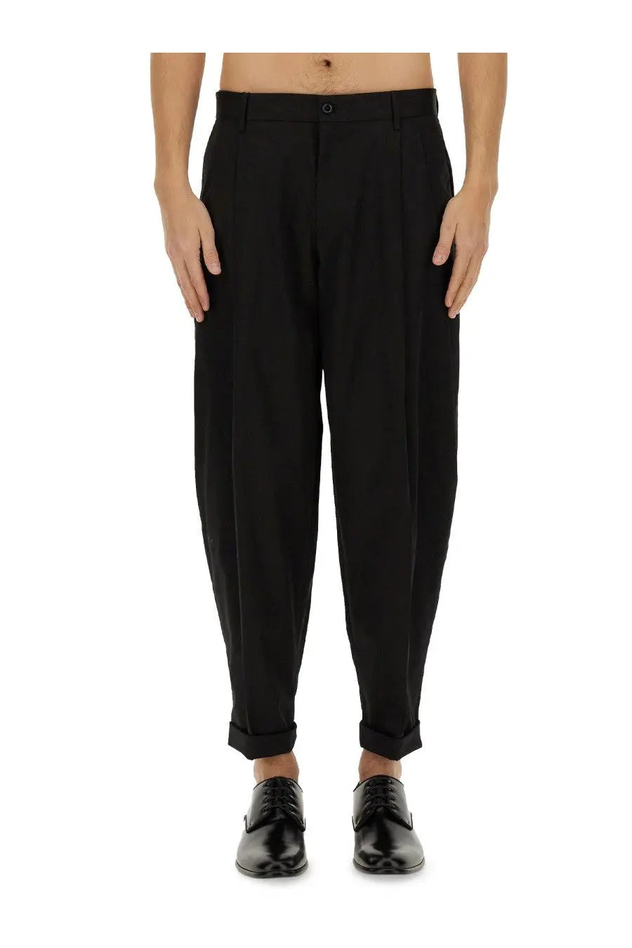 Dolce &amp; Gabbana men’s black double pence trousers with tailored fit pleats and rolled cuffs for a sleek look