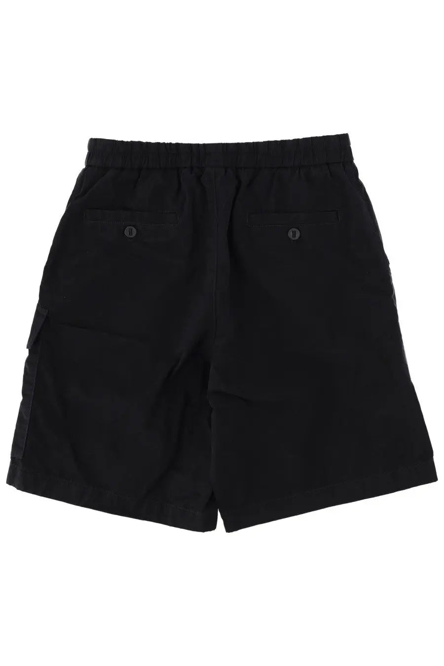 Dolce &amp; Gabbana men’s black cargo shorts with elastic waistband and two buttoned back pockets shown from the back side