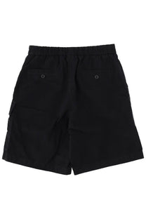 Dolce &amp; Gabbana men’s black cargo shorts with elastic waistband and two buttoned back pockets shown from the back side