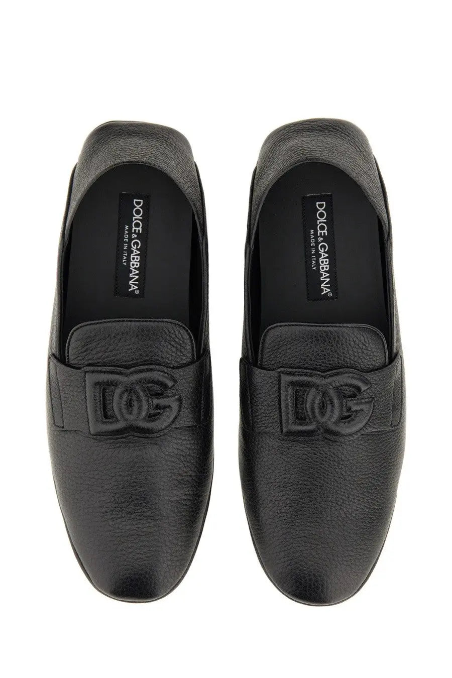 Dolce &amp; Gabbana men’s black leather driver loafers with embossed DG logo on the front