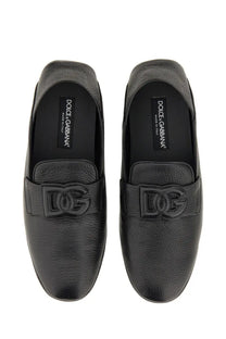 Dolce &amp; Gabbana men’s black leather driver loafers with embossed DG logo on the front