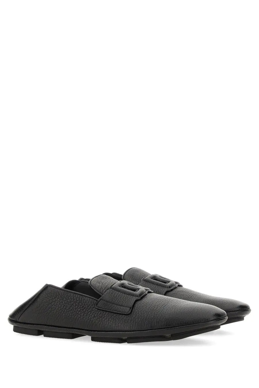Dolce &amp; Gabbana men’s driver black leather loafers with textured surface and distinctive rectangular buckle detail