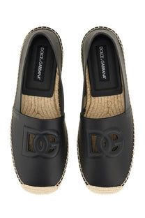 Dolce &amp; Gabbana men’s black leather espadrilles with embossed dg logo and natural jute trim