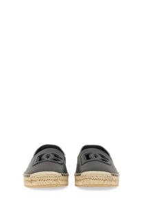 Dolce &amp; Gabbana men’s black leather espadrilles with woven jute sole and prominent logo detail on the vamp