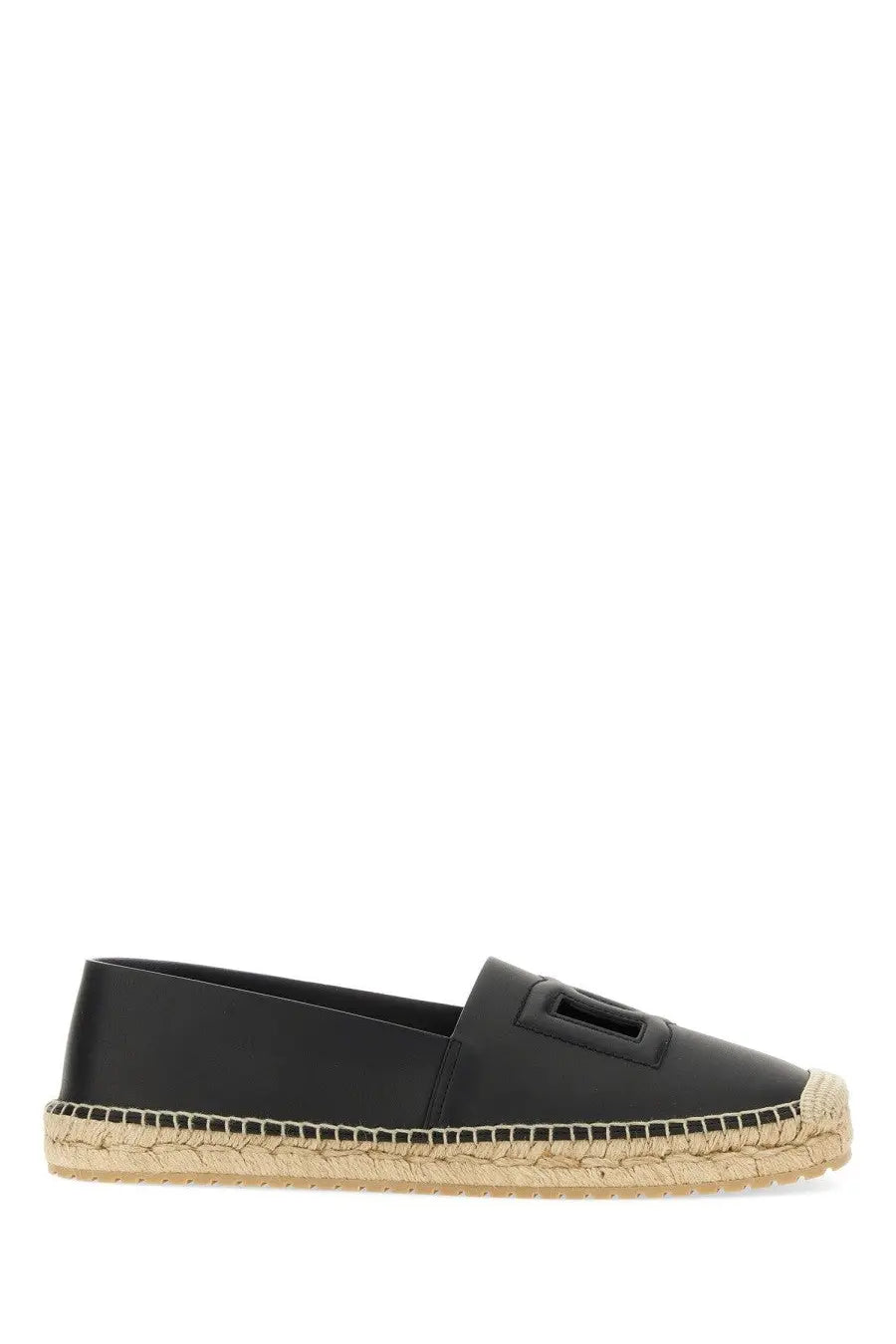 Dolce &amp; Gabbana men’s black leather espadrille slip-on shoe with woven jute sole and rectangular logo detail on vamp