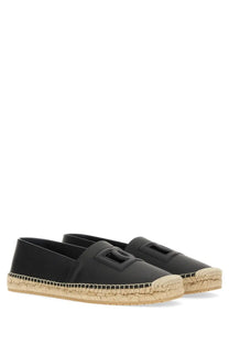Dolce &amp; Gabbana men’s black espadrille loafers with glossy finish woven jute sole and embossed logo on the vamp