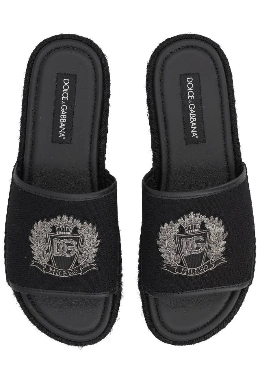 Dolce &amp; Gabbana men’s espadrille black slide sandals with silver embroidered crest logo on the strap