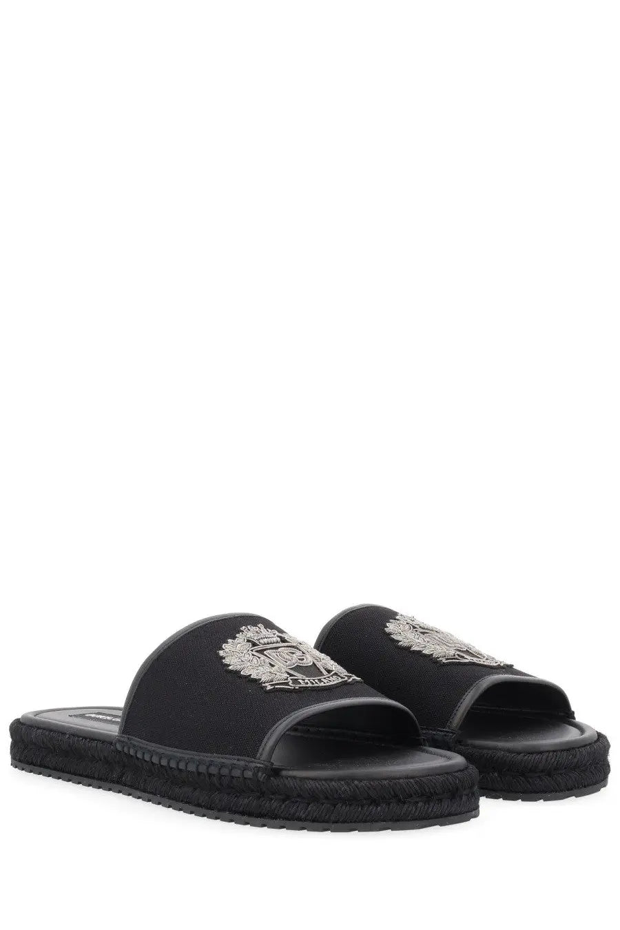 Dolce &amp; gabbana men’s black espadrille slide sandals with silver embroidered crest logo on the strap