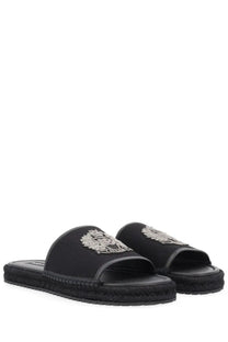 Dolce &amp; gabbana men’s black espadrille slide sandals with silver embroidered crest logo on the strap