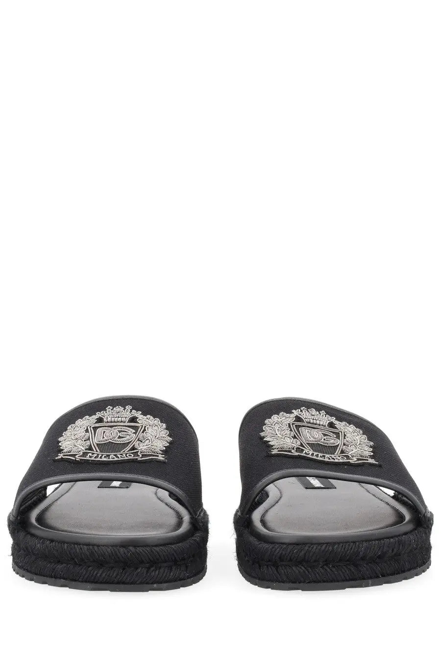 Dolce &amp; Gabbana men’s black espadrille slide sandals with silver embroidered ds milano crest