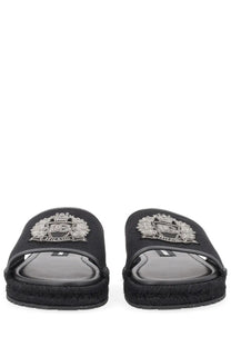 Dolce &amp; Gabbana men’s black espadrille slide sandals with silver embroidered ds milano crest