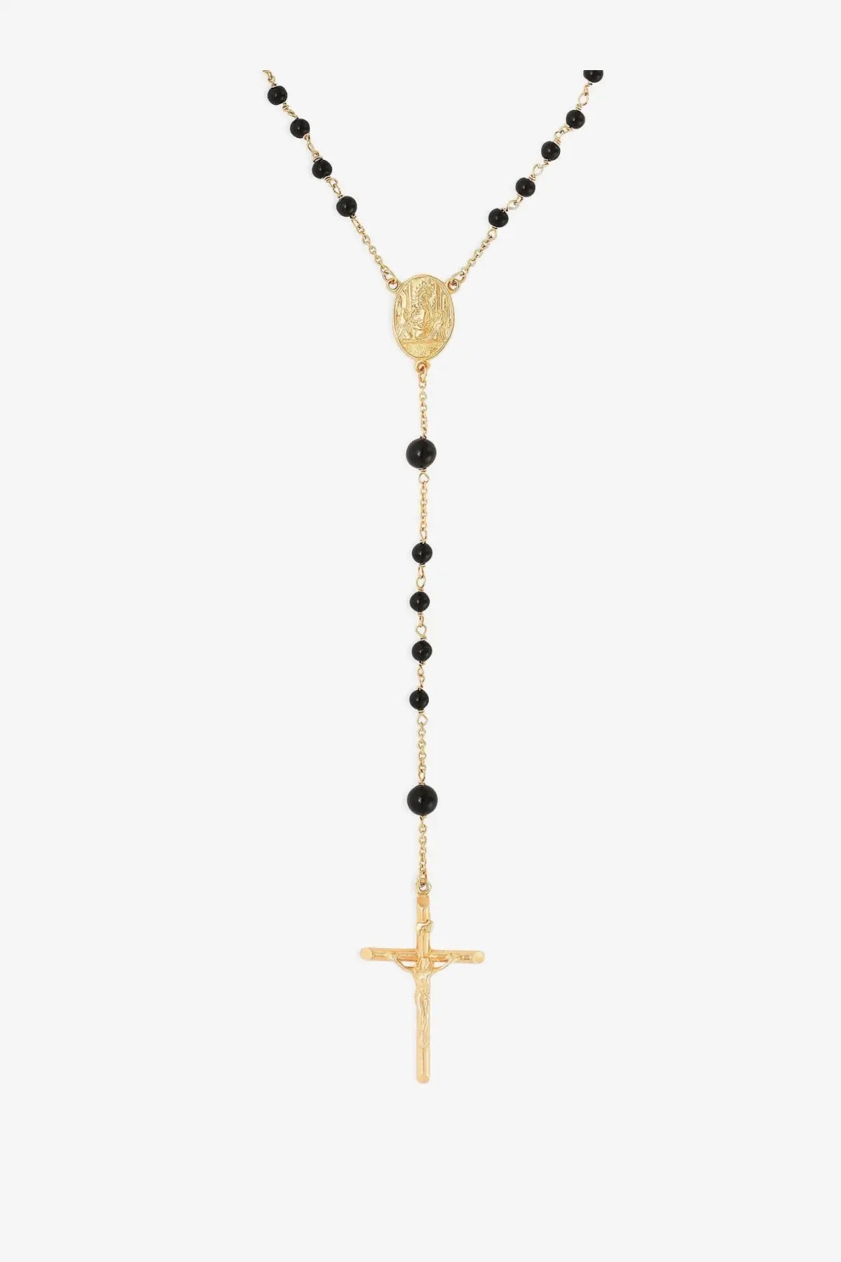 Dolce &amp; gabbana men’s gold brass rosary necklace with black beads and detailed gold-toned crucifix pendant
