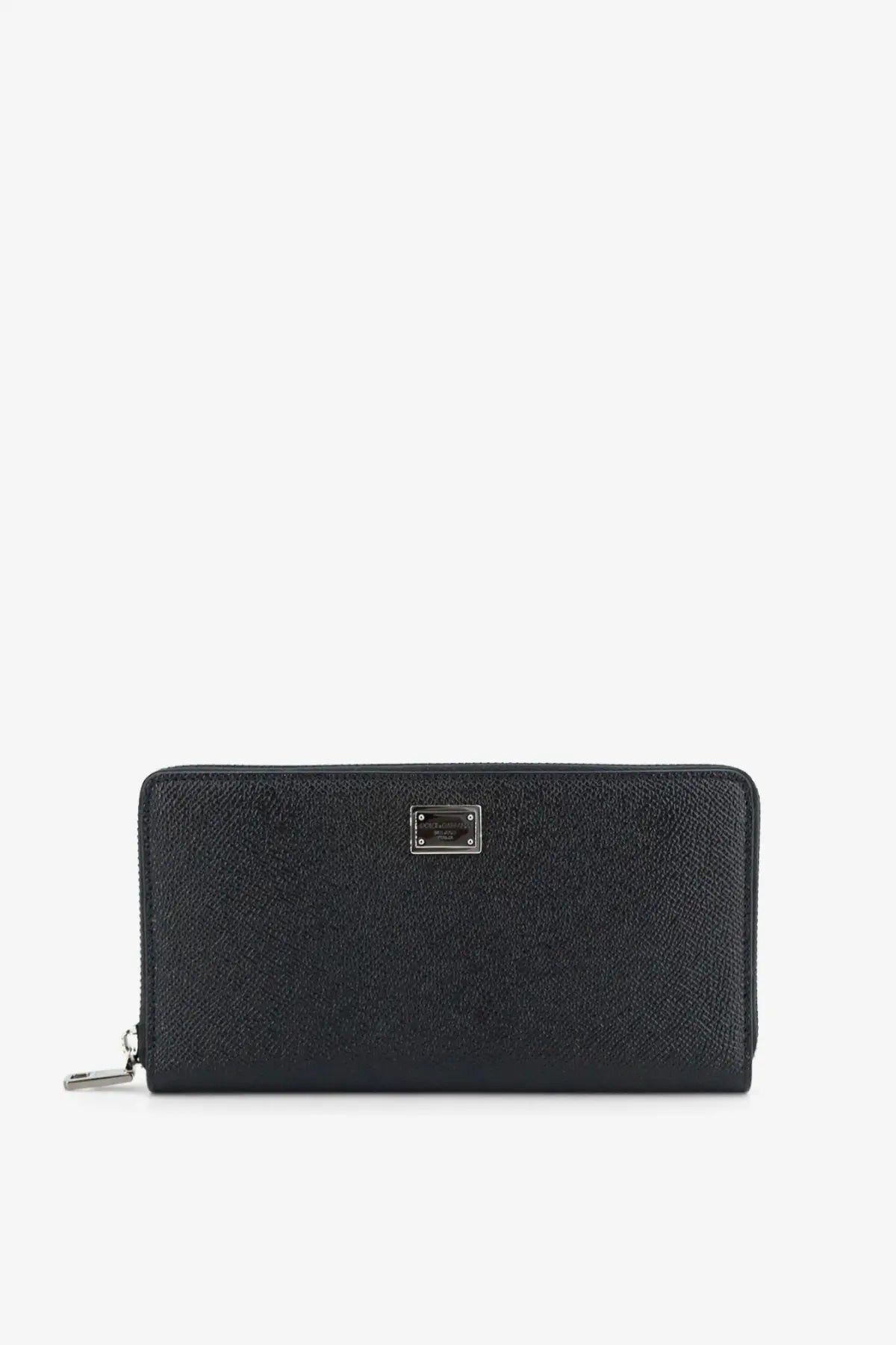 Dolce &amp; Gabbana men’s hammered black leather wallet with silver-tone metal plaque and zipper pull