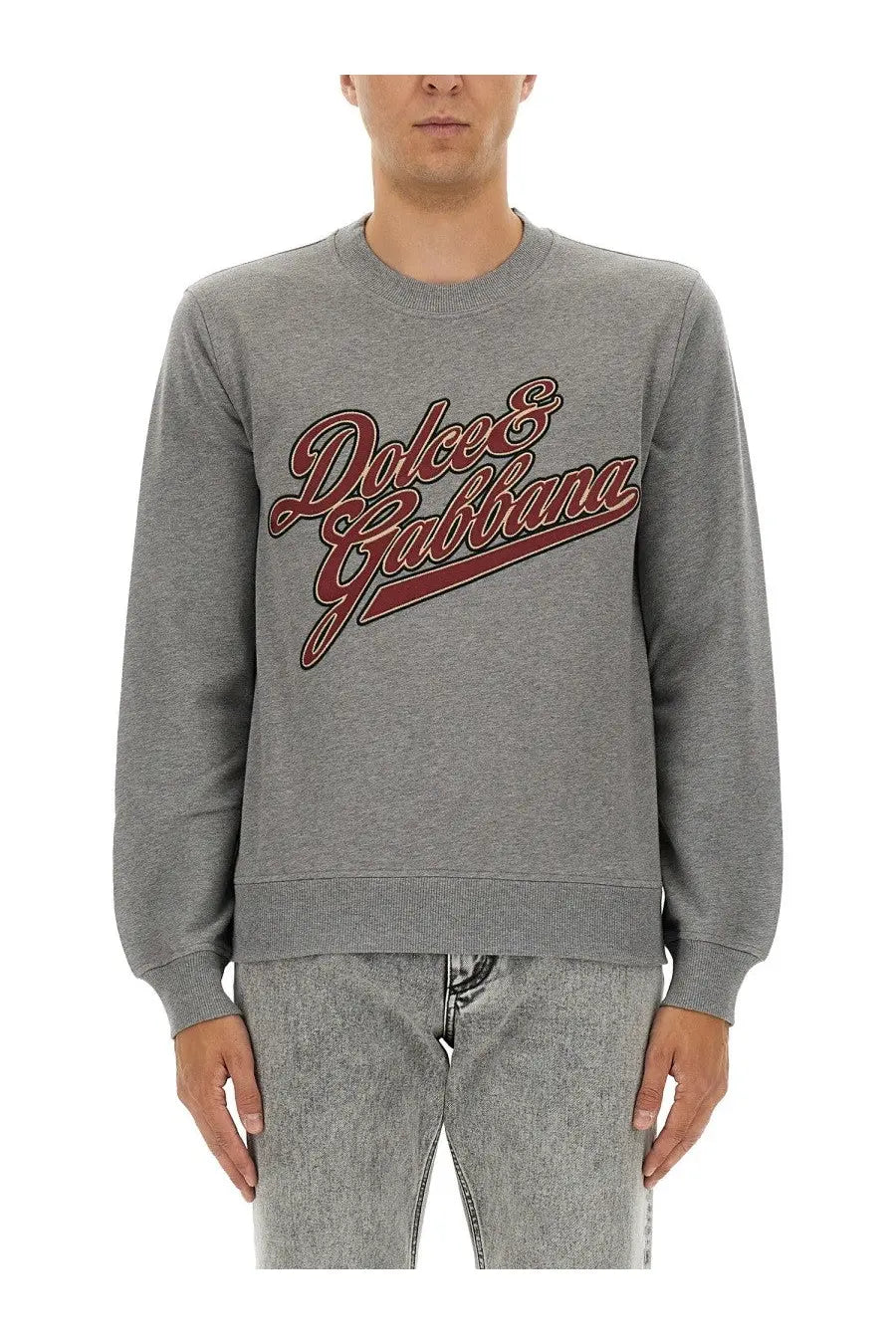 Dolce &amp; Gabbana men’s grey jersey sweatshirt with bold red and black embroidered logo across the chest