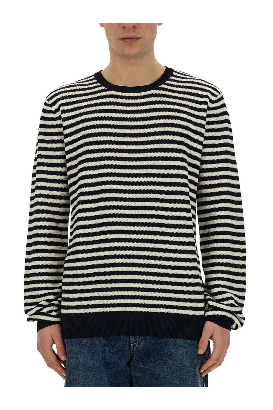 Dolce &amp; gabbana men’s jersey multicolor black and white striped knit sweater with ribbed crew neck cuffs and hem