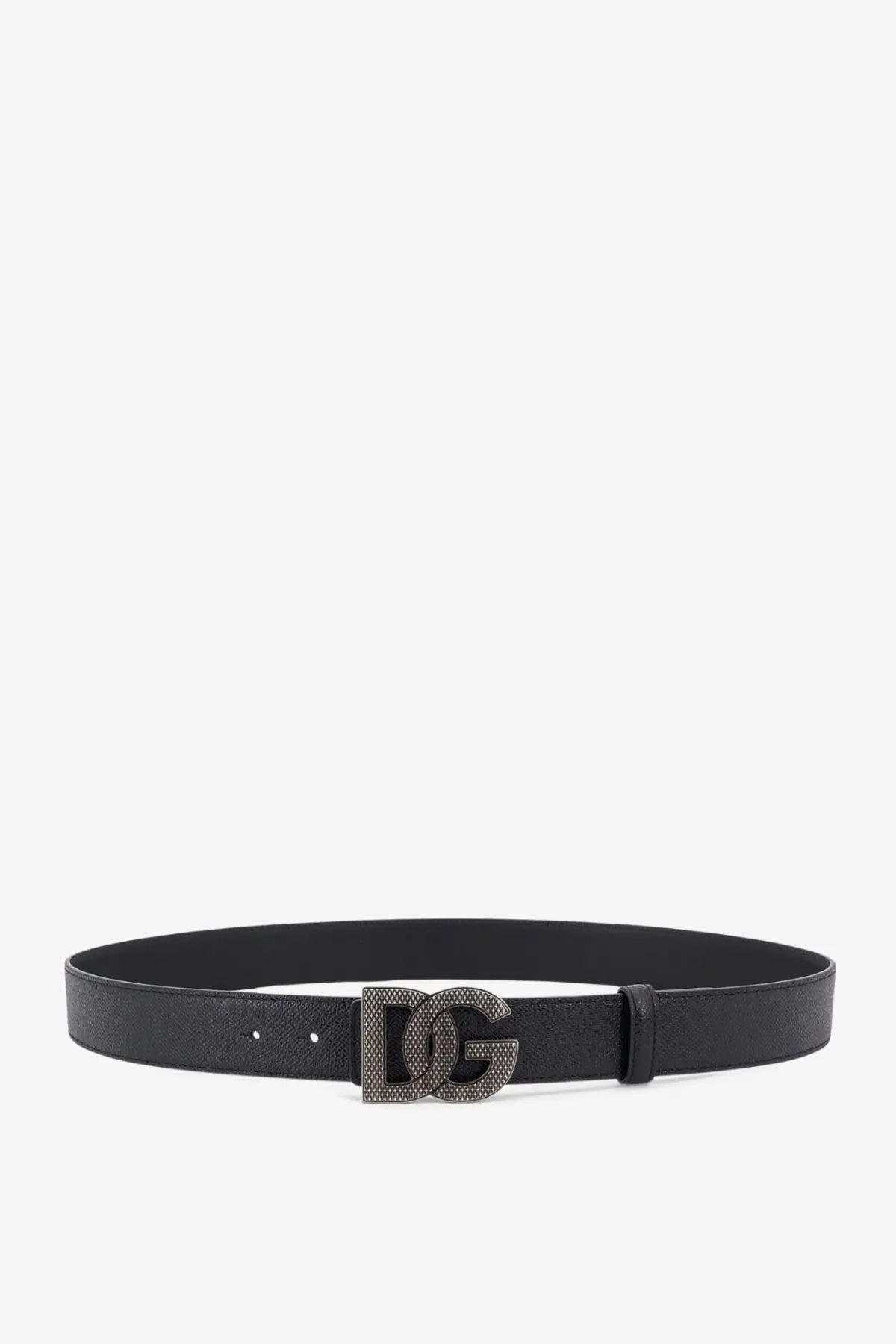 Dolce &amp; Gabbana men’s black leather belt with silver-toned dg buckle adorned with sparkling stones