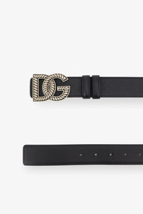 Dolce &amp; Gabbana men’s black leather belt with silver-toned dg logo buckle embossed with rope texture