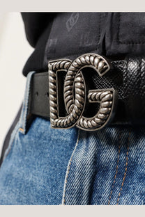 Dolce &amp; Gabbana men’s black leather belt with silver-toned twisted rope dg logo buckle
