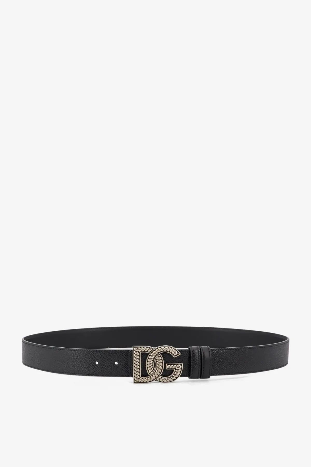 Dolce &amp; Gabbana men’s black leather belt with a silver-toned rope-textured dg buckle