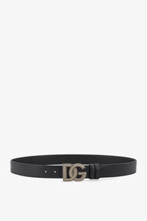 Dolce &amp; Gabbana men’s black leather belt with a silver-toned rope-textured dg buckle